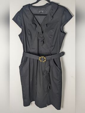 Tahari Size 16 Black Ruffled Sheath Dress Cap Sleeve Belt Cotton Career Business